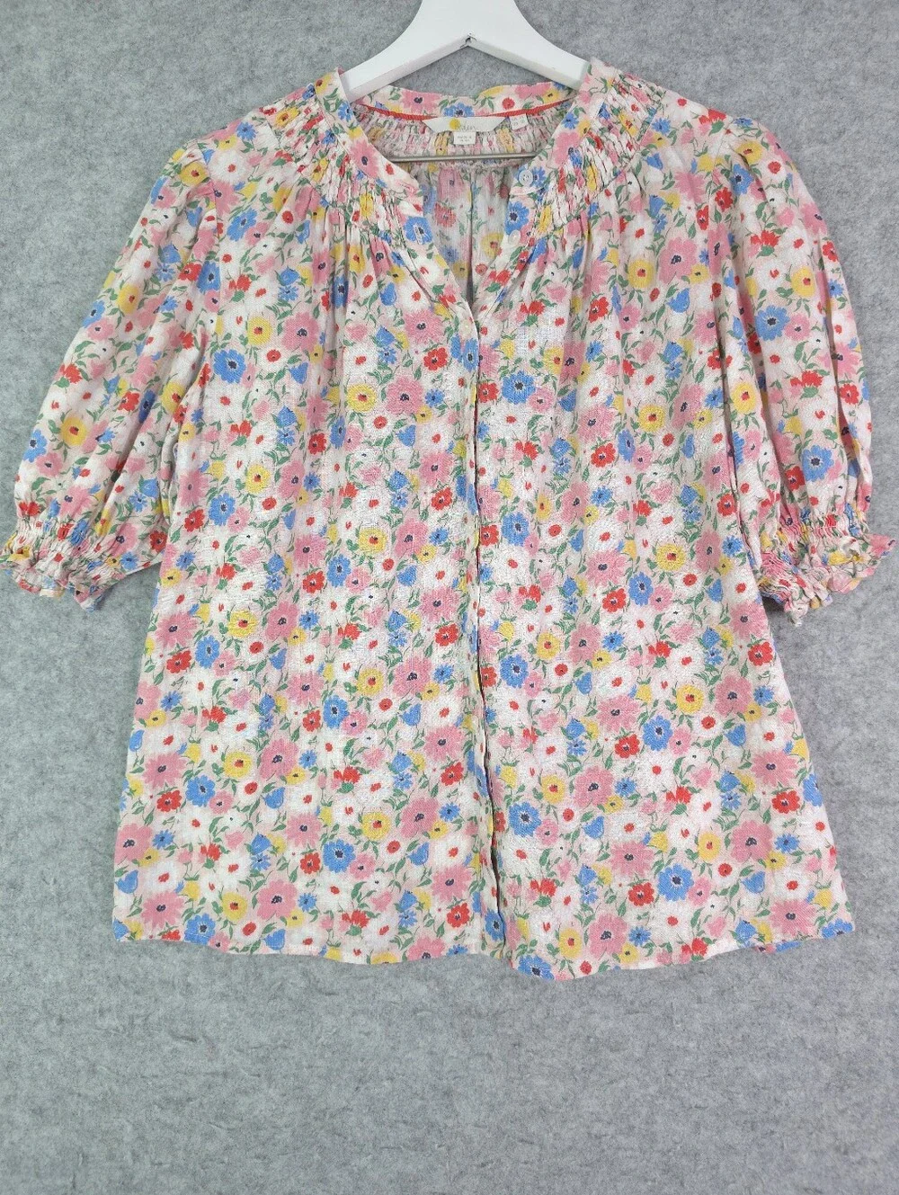 Boden Linen Floral Smocked Blouse Puff Short Sleeve Top Multicolor Size 10